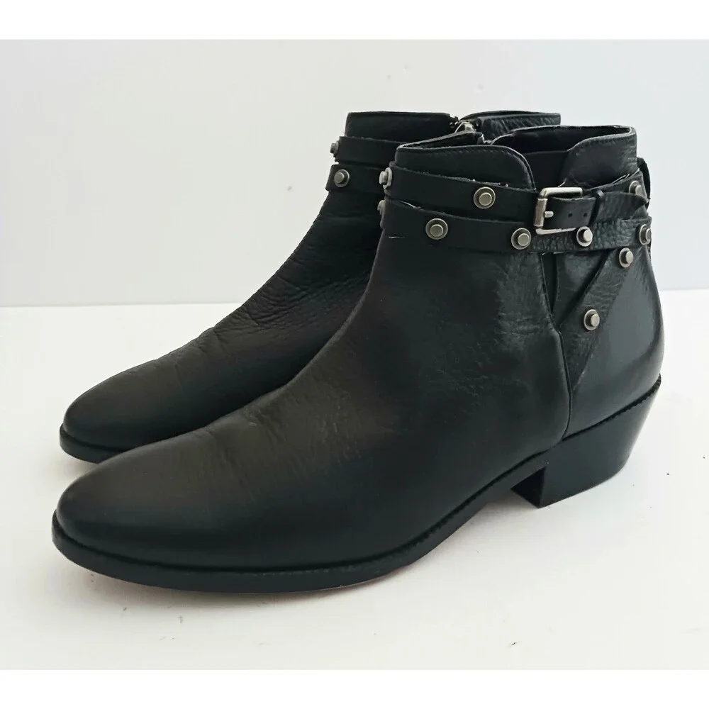 Halogen Lidia Blk Leather Moto Ankle Boot Studded Harness Buckle Strap Sz 8 - Picture 6 of 14